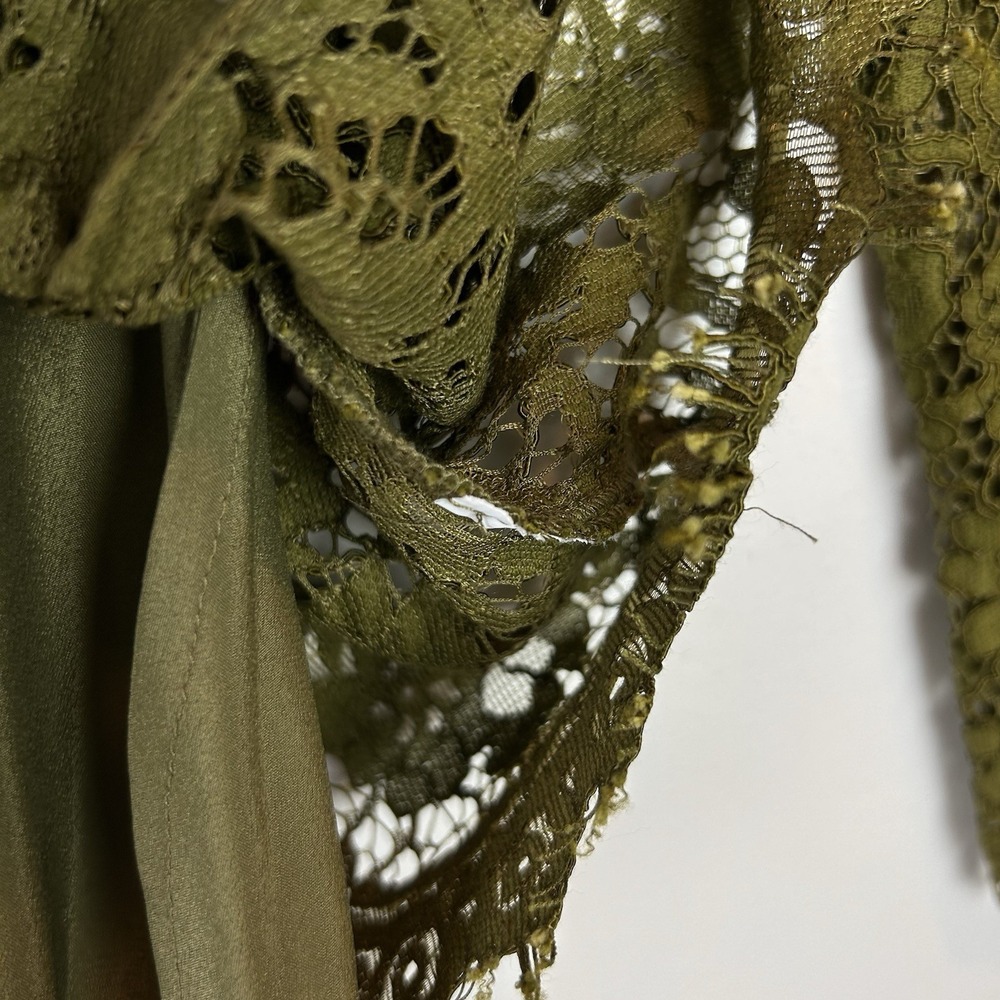 J Crew Lace Top Womens 2 Petite Long Sleeve Shirt Olive Green Sheer Sleeve - Picture 12 of 12